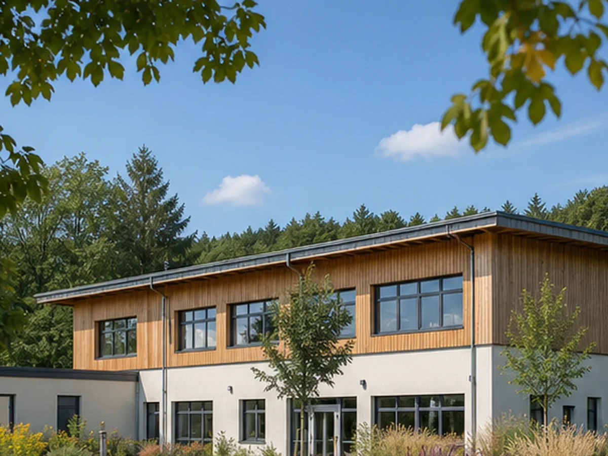 Fassade eines Freizeitbetriebs mit begrüntem Vorplatz